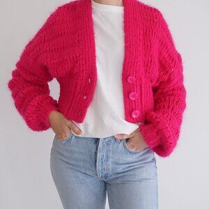Urban Outfitters Hot Pink Chunky Knit Cardigan Bubble Sleeve Bold Barbie XS